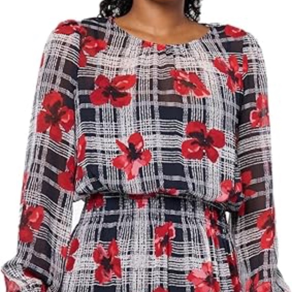 Floral Plaid Smocked Long Sleeve Dress - Picture 1 of 9